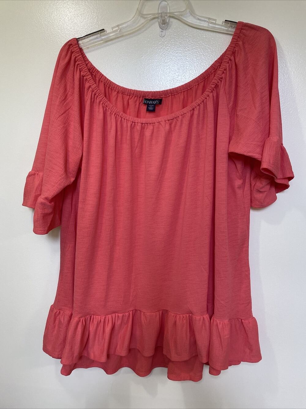 Roamans Womens Plus Size 1X 22-24 Top Coral Ruffle On or Off Shoulder Blouse